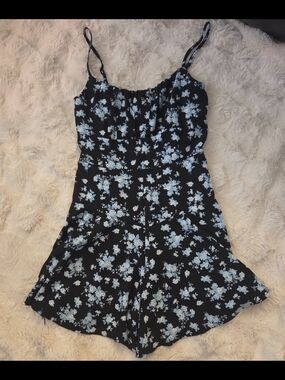 SHEIN Black Romper with Light Blue Floral Print Small